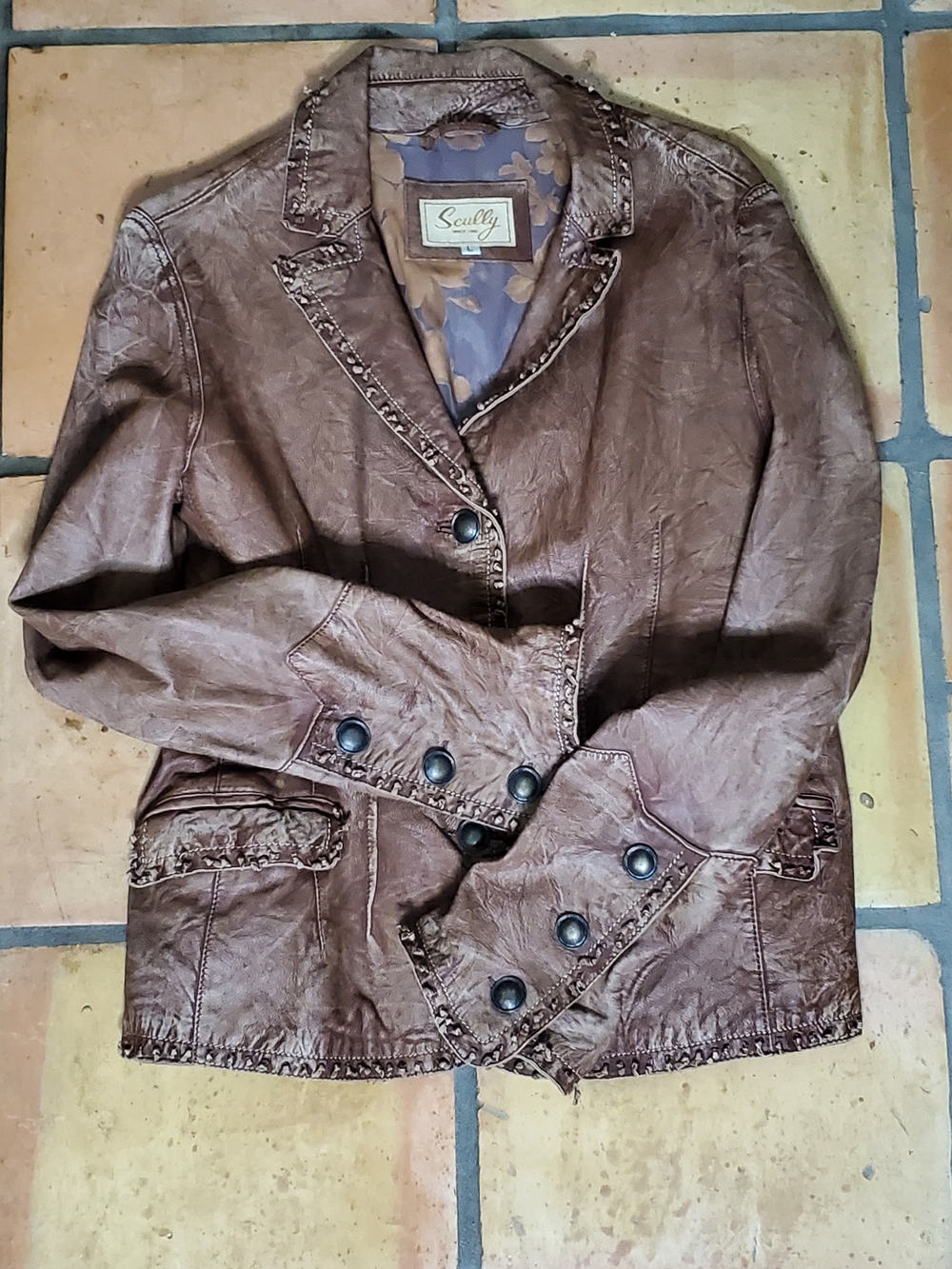 Scully Brown Leather Western Knotted Fringe Blazer Jacket Size L